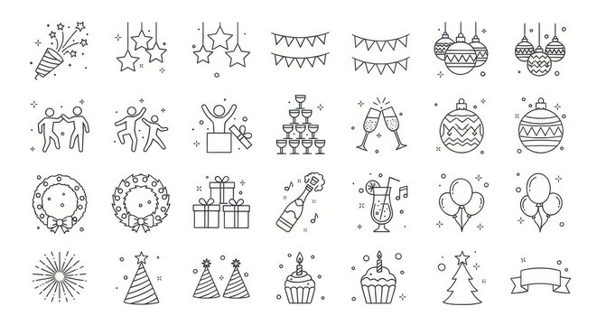 Collection of holiday and party celebration line icons features various festive elements.
