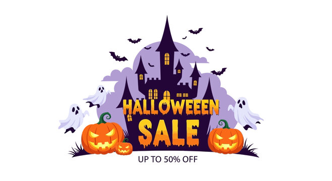 Halloween Sale Castle Ghosts Pumpkins Bats Discount Up to 50% Off Banner