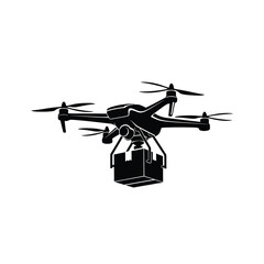 Obraz premium A black silhouette of a drone carrying a box against a white background.