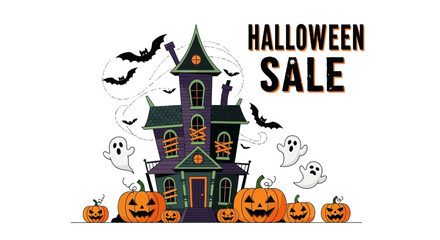 Fototapeta premium Halloween Sale Haunted House with Pumpkins, Bats, and Ghosts - Illustration