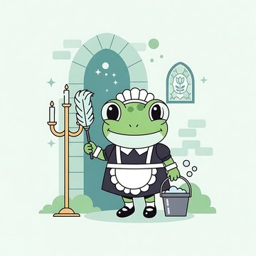 A cartoon frog in a maid outfit stands before an arched doorway, holding a duster and bucket with soap bubbles