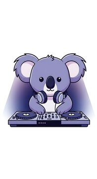 A cartoon koala wearing headphones and mixing music on a turntable with a purple and white gradient background