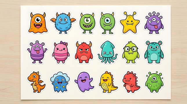 Collection of Cute and Colorful Cartoon Monsters with Various Expressions and Features, Ideal for Kids' Designs