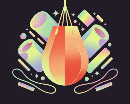 Retro futuristic gym sports illustration with a glowing neon punching bag fitness mats and abstract shapes on a dark grainy starry background