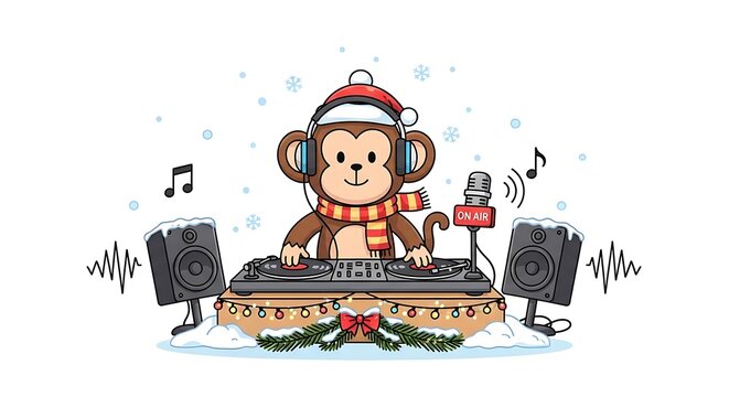 A cartoon monkey DJ wearing a festive hat and scarf, mixing music on a snowy stage with sound equipment