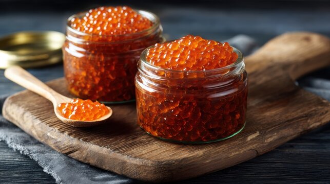 Two jars of red caviar with spoon on wooden cutting board. Close-up of salmon roe. Luxury cuisine, rich flavor, classic delicacy