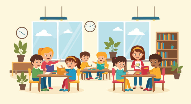 A group of diverse young children are happily engaged in various learning activities like reading and drawing in a bright, modern classroom setting.
