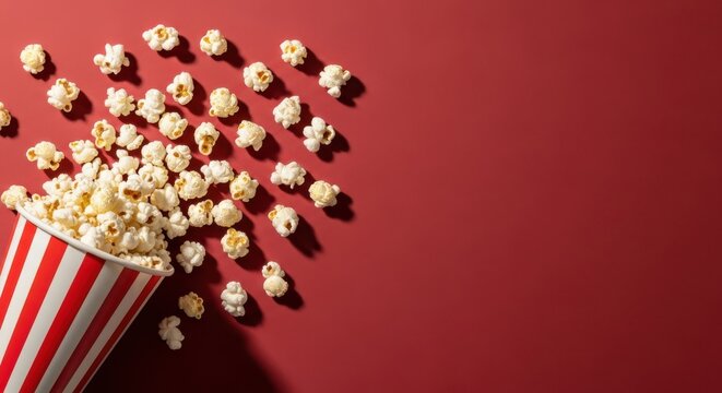 Fresh popcorn spills out of a classic striped container onto a vibrant red background.