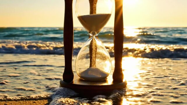 Hourglass on the beach with waves and sunset during a warm evening at the shore