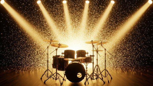 Spotlit drum set on stage