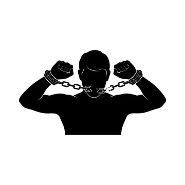 A powerful black silhouette of a man with his hands in raised fists and his mouth gagged by chains, symbolizing suppression, bondage, or protest.