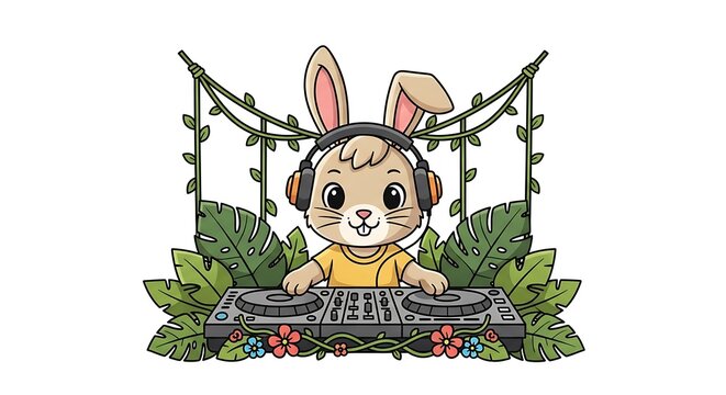 A cartoon rabbit DJ with headphones, mixing music on a console, surrounded by greenery and flowers