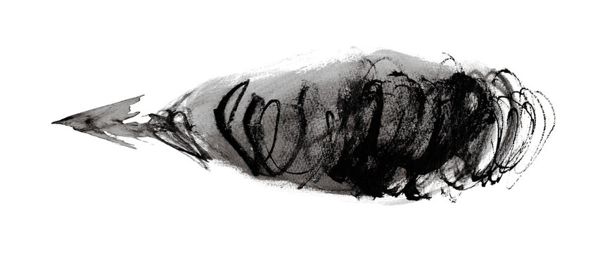 Monochrome sumi ink drawing with brush and bamboo pen, sharp momentum shape like an arrow or spearhead