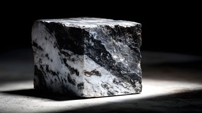 Close-up of a marbled stone cube with a dark background and dramatic lighting.
