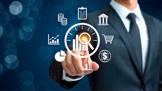 Business analytics and digital marketing concepts with a businessman touching a digital interface displaying charts and icons