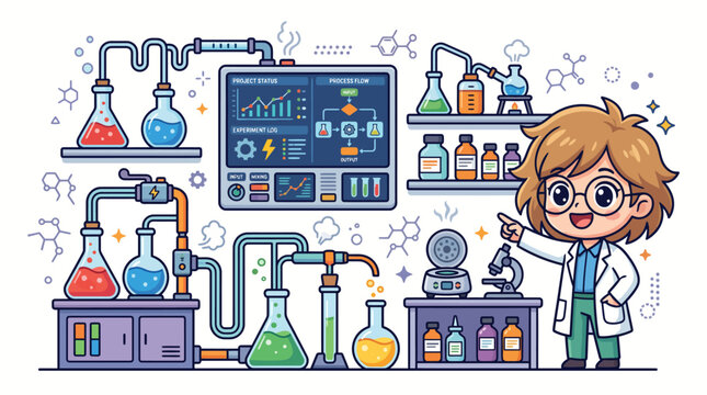 Cute female scientist pointing at a laboratory dashboard with chemistry flasks and equipment, vector illustration.