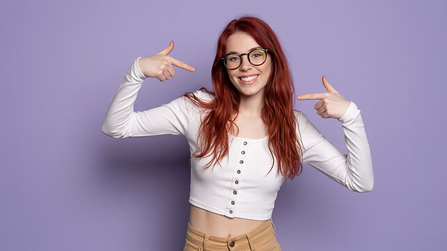 A studio portrait against a solid purple background