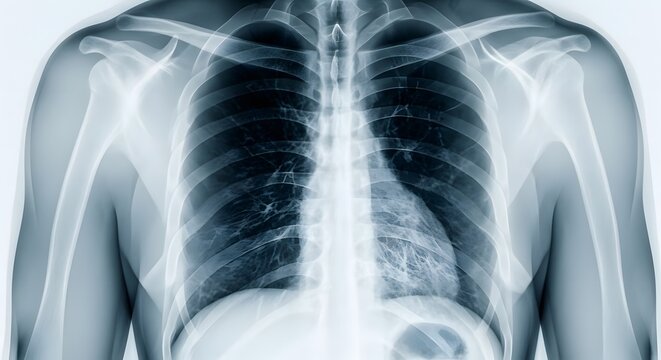Chest xray of a human torso showing ribs, lungs, and skeletal structure