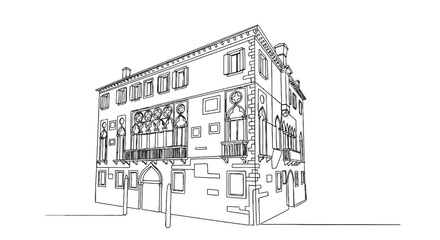 Obraz premium Architectural sketch of an ornate historic building featuring detailed windows and a corner perspective capturing classic