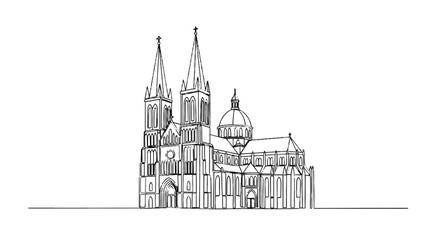 Obraz premium Minimalistic Line Drawing of a Gothic Cathedral with Towering Spires and Dome