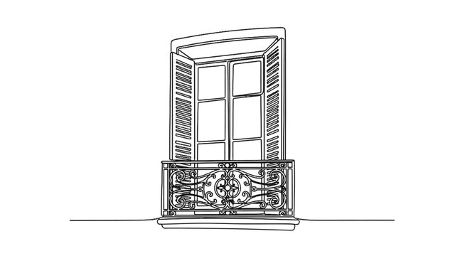 Intricate balcony with decorative ironwork and open window shutters in a minimalist monochrome line art style