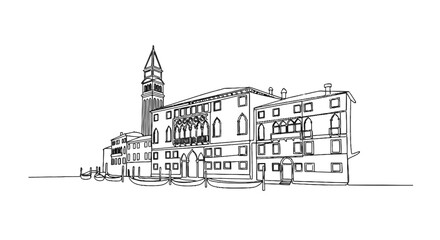 Obraz premium Minimalist Line Drawing of Historic Venice Architecture Featuring Grand Facades and a Tower