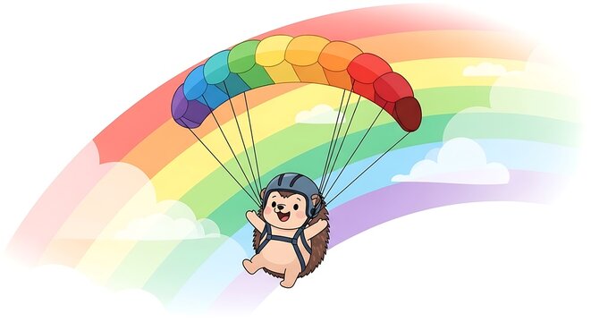 A cartoon hedgehog wearing a helmet joyfully parachutes under a colorful rainbow with fluffy clouds in the background