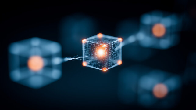 Digital cube with binary code connected to network blocks illustrating blockchain technology and decentralized data systems.
