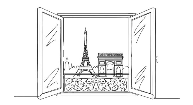 Open French window overlooking Parisian landmarks including the Eiffel Tower and Arc de Triomphe with decorative balcony details