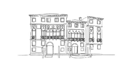 Fototapeta premium Stylized line art illustration of historic multi-story urban building facades with detailed architectural elements and balconies
