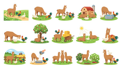 Obraz premium A charming collection of illustrations depicting llamas and farm animals in various pastoral scenes, showcasing rural life and gentle interactions.