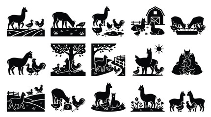 Fototapeta premium Collection of stylized black and white farm animal silhouettes, featuring llamas, alpacas, chickens, and roosters in various pastoral scenes.