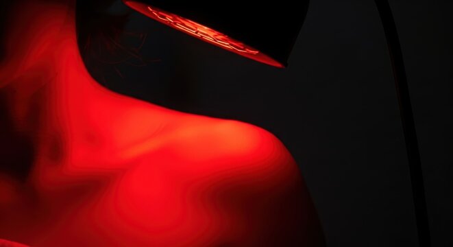 It shows a person applying a heat compress to their shoulder using a heating machine.