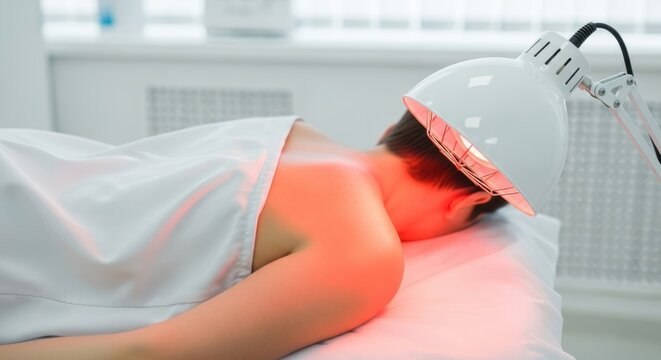It shows a person applying a heat compress to their shoulder using a heating machine.