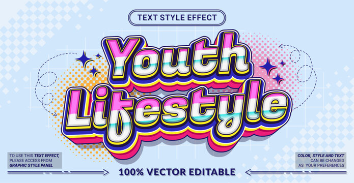 Editable youth lifestyle text effect with modern trendy style, bold layers, and vibrant colors. Perfect for fashion, social media, events, and urban branding themes.