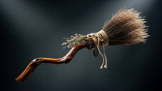 Broomstick with brown bristles flying.
