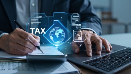 Fototapeta premium Tax filing scene with digital overlays pen laptop and cash on desk.