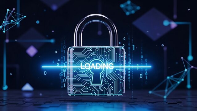Digital padlock with loading cyber security.