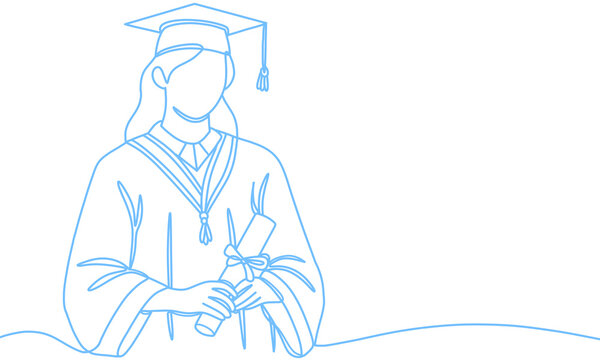 Blue Line Art Illustration of a Graduating Student Proudly Holding a Diploma Certificate