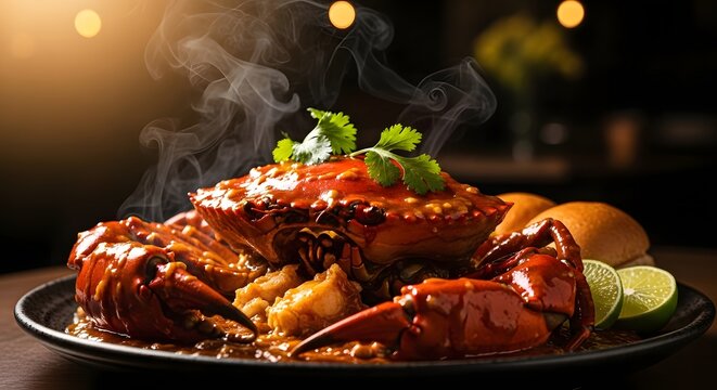 Steaming hot chili crab served on a plate with fresh cilantro and lime wedges garnish