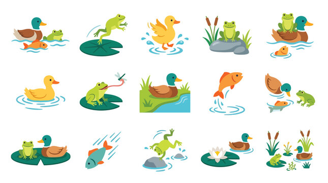 Collection of charming cartoon illustrations depicting various pond animals including ducks, frogs, and fish in different playful scenarios.