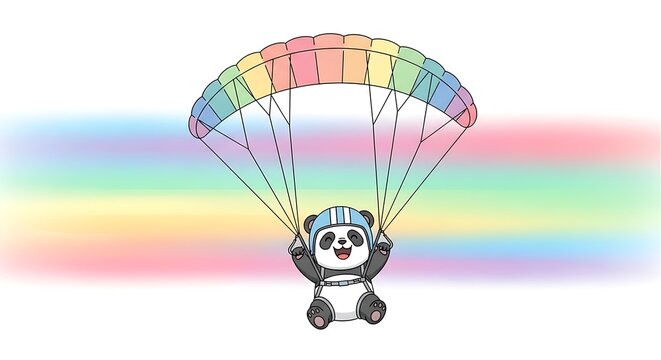 A cartoon panda, wearing a helmet, joyfully descends with a colorful rainbow parachute against a vibrant background