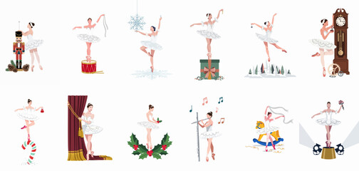 Collection of twelve elegant Christmas-themed ballerina illustrations featuring Nutcracker elements, festive holiday symbols, and graceful dance poses in a flat vector style. © ValentinaRestrepo