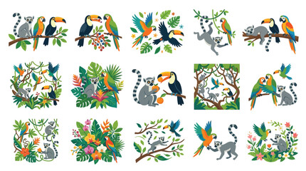 Collection of colorful illustrations featuring various tropical animals like toucans, parrots, lemurs, and monkeys amidst lush foliage and jungle scenery. © GJ