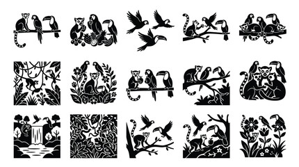Naklejka premium Collection of black and white silhouette illustrations featuring various animals like monkeys and toucans in natural jungle and forest settings, with some floral elements.