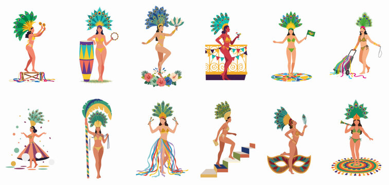 Collection of Brazilian Carnival dancers in vibrant costumes with peacock feathers and musical instruments for Rio de Janeiro parade celebrations.