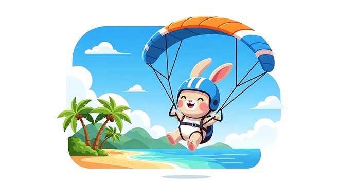 A cartoon rabbit wearing a helmet and parachute enjoys a sunny day at the beach with palm trees and a view of the sea