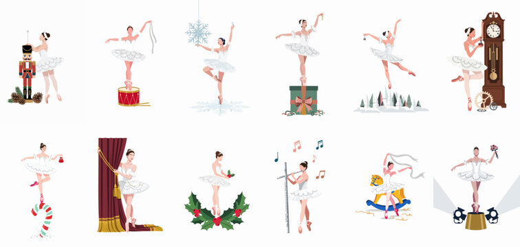 Collection of twelve elegant Christmas-themed ballerina illustrations featuring Nutcracker elements, festive holiday symbols, and graceful dance poses in a flat vector style.