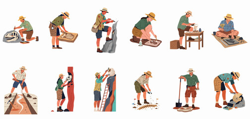 Collection of diverse paleontologists and archaeologists working at excavation sites, cleaning and studying various dinosaur fossils, skeletons, and ancient artifacts. © ValentinaRestrepo