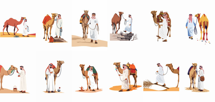 Collection of Flat Vector Illustrations of Arab Men in Traditional Clothing with Camels in Desert Settings